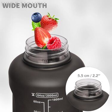 DEARRAY Тританова пляшка для води 2л з трубочкою та часовою розміткою, BPA-free, спортивна мотиваційна пляшка для фітнесу і тренажерного залу, чорна-біла