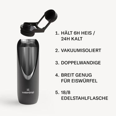 Термос-пляшка waterdrop® 1 л, ізольована, нержавіюча сталь, 24 год холоду, 12 год тепла, герметична, ударостійка, чорний матовий, з кришкою Swing