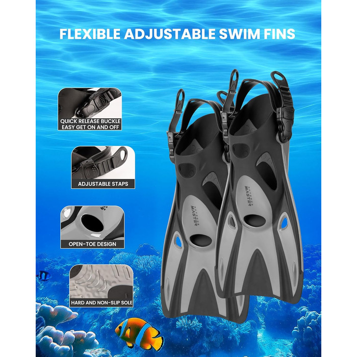 Набір для снорклінгу OutdoorMaster Mobula для дорослих: маска, трубка, ласти. Сірий/Чорний, S/M. Панорамний огляд, антизапарник, суха трубка