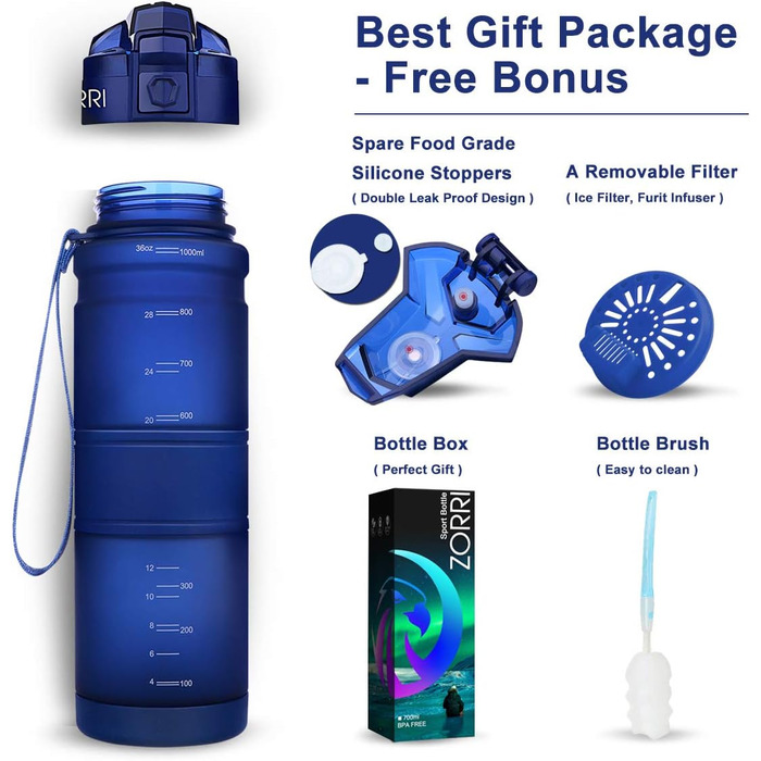 Спортивна пляшка ZORRI 500 мл, 1 л, 700 мл, 400 мл, BPA-Free, для води та газованих напоїв, без витоку, екологічна, для дітей, школи, спортзалу, фітнесу, велосипеду (темно-синій)