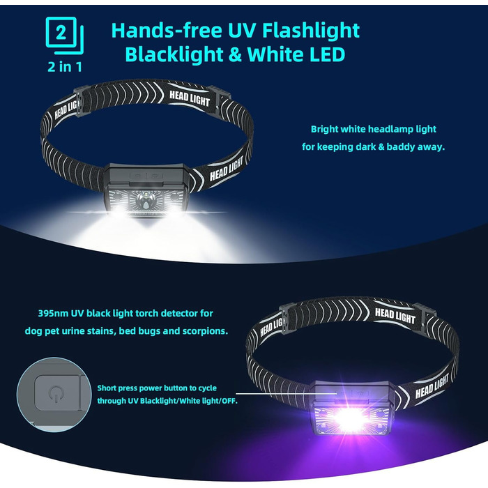 COSOOS LED налобний ліхтар з USB зарядкою, чорним світлом, водонепроникний, для дітей, активного відпочинку, бігу, прогулянок з собакою, 2 шт.