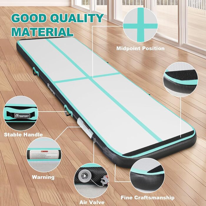 FBSPORT Airtrack Matte - килимок для гімнастики та йоги, 200x100x10 см, чорно-зелений