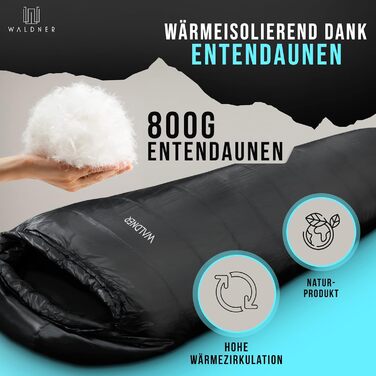 Спальний мішок WALDNER Daunenschlafsack Ultraleicht – ультралегкий, 4 сезони, 800г пуху, 600FP, для кемпінгу та відпочинку на природі, до 200 см