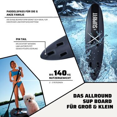 SUPRFIT Надувний SUP Борд для Станд-Ап Падлінгу, Комплект, 330 x 78 x 15 см, до 140 кг, Сірий/Чорний