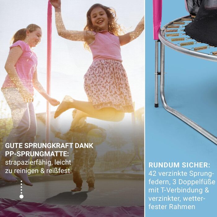 Батут Klarfit Jumpstarter - дитячий, 250 см, рожевий. З перилками, сіткою та сходами. Для активних ігор та фітнесу на вулиці. Підходить для дітей 5-9 років.