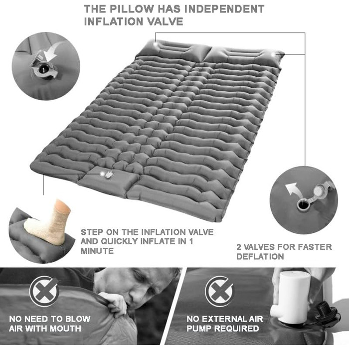 Килимок для кемпінгу YuanDiann 200x140 см на 2 особи, самонадувний, легкий, комфортний, з подушкою та насосом