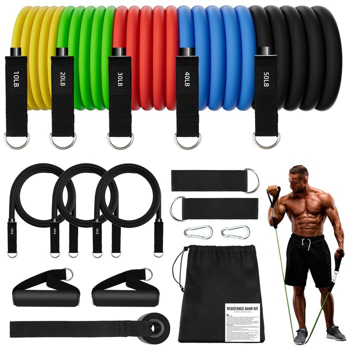 Набір фітнес-гумок 5 шт. з різними рівнями опору, з дверними фіксаторами, ручками та кігтями для щиколоток. Підходить для чоловіків та жінок, 8 кольорів. Для м'язового розвитку та пілатесу.