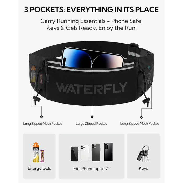 Поясна сумка для бігу WATERFLY: тримач для телефону, три відділення, для чоловіків та жінок, для марафону, триатлону, чорна