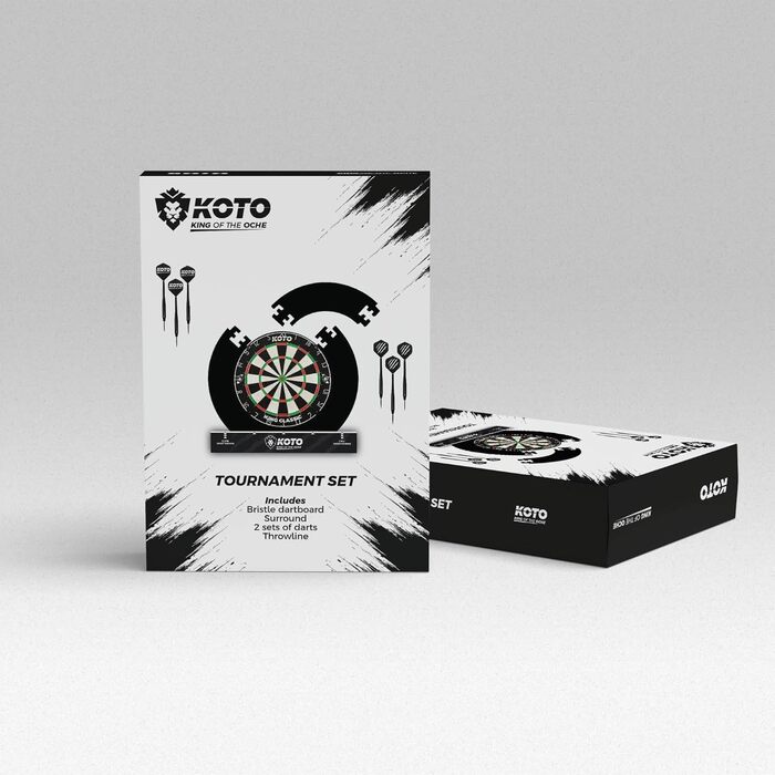 KOTO Турнірний набір для дартсу (офіційні розміри), дротяна мішень Bristle, 4 захисних кільця, 2 комплекти дротиків 23 г, кріплення, лінія для кидків