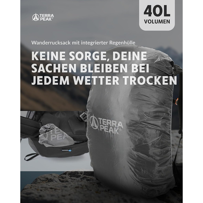 Рюкзак Terra Peak 40 л з вентильованою спинкою, тримачем для питної системи та дощовиком, туристичний рюкзак для походів і прогулянок, чорний