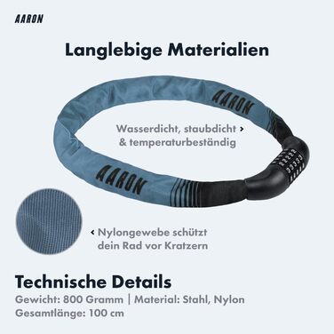 Замок для велосипеда AARON Lock One з 5-значним кодом, сталевий ланцюговий замок, високий рівень захисту, для електровелосипеда, гірського, трекінгового, туристичного та шосейного велосипеда (сіро-блакитний)