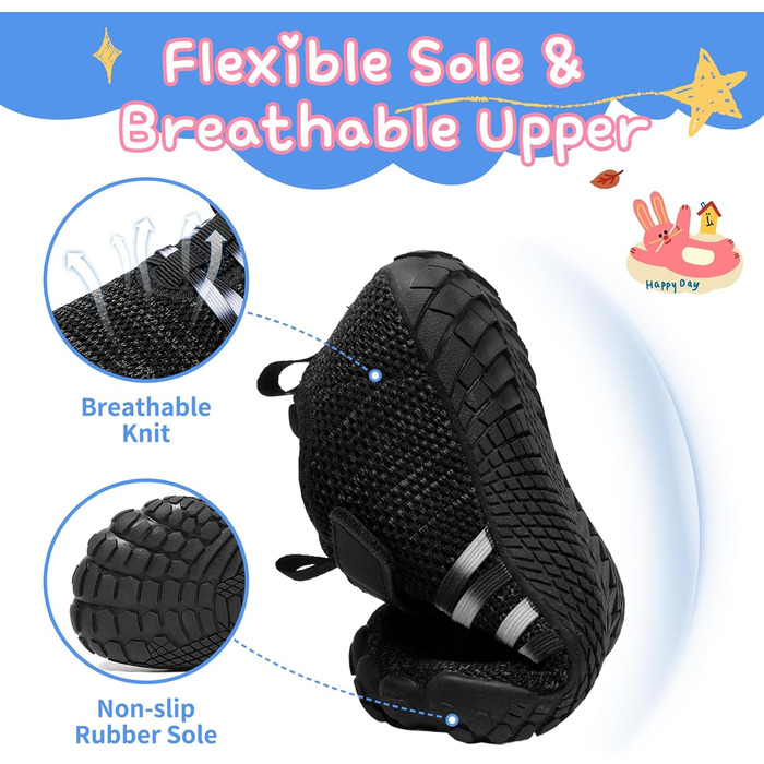 MIFAWA дитячі шкарпетки-кросівки (барфут) для хлопчиків та дівчаток, широка передня частина, Zero-Drop, аквашузи, плавальні тапки, розмір 26-37, чорний