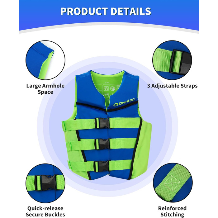 Owntop Світлова жилетка для дітей та підлітків, регульована, з трьохточковим ременем безпеки, легка, для каякінгу, плавання, риболовлі та снорклінгу (Блакитна, M)