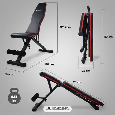Багатофункціональна складана лава для гантелей Mobiclinic Flexfit, регульована спинка та сидіння, витримує до 120 кг, для тренувань вдома