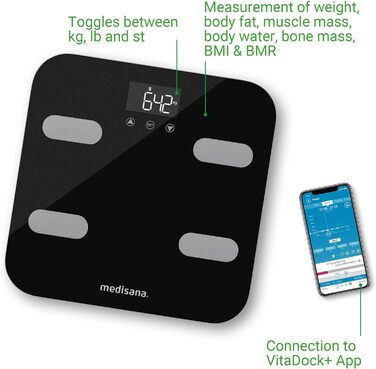 Ваги-аналізатор Medisana BS 602 до 180 кг з Wi-Fi/Bluetooth, для вимірювання жиру, води, м'язової та кісткової маси, сумісні з додатком VitaDock+