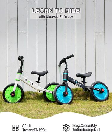 Дитяче велосипед UBRAVOO Fit 'n Joy 4-в-1: біговел, триколіс, велосипед з підтримкою, для дітей 2-5 років (блакитний/зелений)