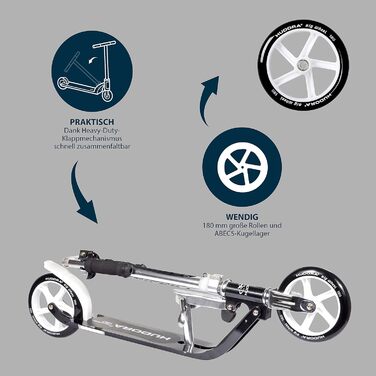 Самокат HUDORA BigWheel 180 для дітей і дорослих, міський, складаний, регульована висота, до 100 кг, з ременем для перенесення