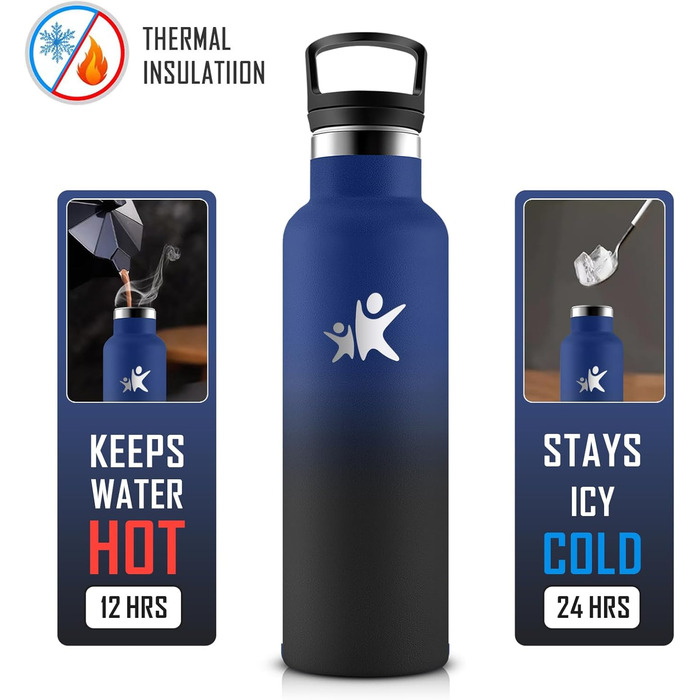 Термос-пляшка KollyKolla 750 мл, для води та газованих напоїв, з трубочкою, без BPA, з подвійними стінками, ізольована, для школи, подорожей, кемпінгу, блакитний + темно-синій