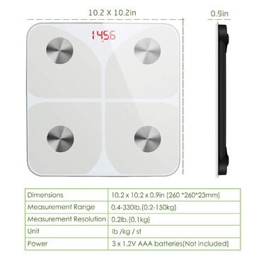 Вага для вимірювання жиру в тілі, електронна вага, Bluetooth, 180 кг, для вимірювання жиру, м'язів, BMI, води, ваги (біла, 26*26 см)