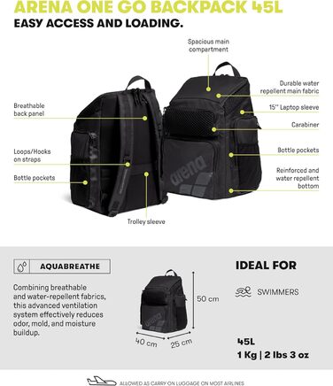 Рюкзак для плавання Arena One Go, чорний, 45 літрів, великий, для подорожей та спорту