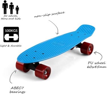 Скейтборд Monzana 22 дюйми, ABEC 7, LED колеса, пенніборд, лонгборд, ретро-дизайн, для дорослих і дітей, до 100 кг, синій