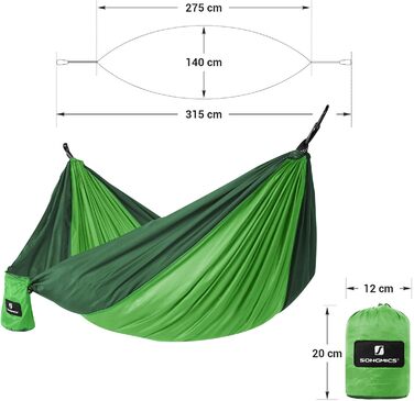 Гамак SONGMICS ultraleicht для 2 осіб, Ripstop-Nylon, 300 кг, для подорожей, кемпінгу, хайкінгу, зелений (275 x 140 см)