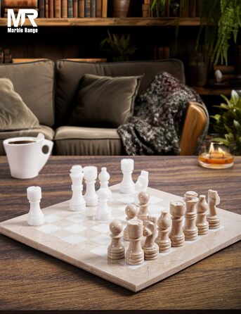 Шаховий набір з мармуру для дорослих, ручної роботи, 32 фігури, 2 додаткові королеви, коробка для зберігання, розкішна подорожна гра, елегантний подарунок для дому (Кораловий & Темно-коричневий) (Верона & Білий)