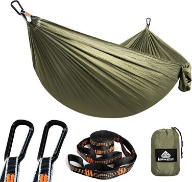 Легка туристична гамак NATUREFUN для кемпінгу | 300 кг вантажопідйомність, 275 x 140 см | Дихаючий, швидковисихаючий нейлон, 2 карабіни, 2 петлі | Для дому, саду, відпочинку на природі