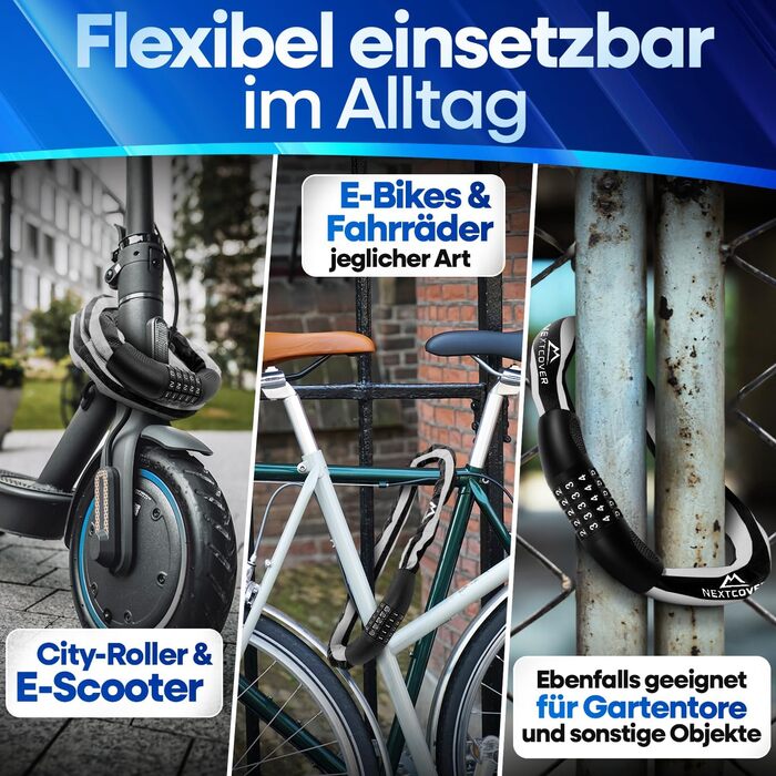 NEXTCOVER® Замки для велосипедів LockPro з кодовим замком - Оригінал - [SAFESECURE] Високий рівень безпеки | 5-значний код, сталевий замок для велосипеда | Замок для електровелосипеда | Кетловий замок (відбиваючий)