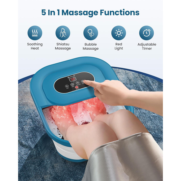 Зручне ванночка для ніг Comfier з масажем, підігрівом та функцією бульбашок | Складаний масажер для ніг | Вібрація, функція бульбашок, таймер, пемза для педикюру, 35°C-48°C, 8 Shiatsu роліків (Чорний, Синій)