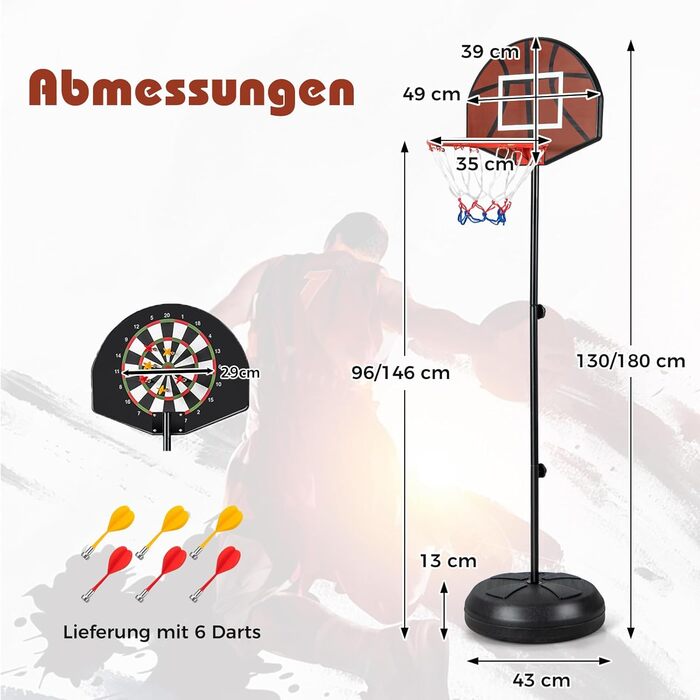 Дитячий баскетбольний кошик COSTWAY 2-в-1 з дротиками: стійка для баскетболу з регульованою висотою (96-146 см) для дітей від 8 років