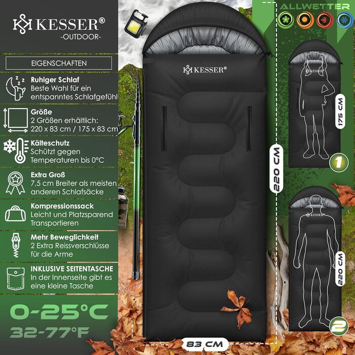 Сплячий мішок KESSER® Outdoor | Дека-сплячий мішок 3-4 сезони | Спальний мішок для дорослих та дітей | Легкий, теплий, водонепроникний | з ліхтариком та кишенькою, чорний, 220 x 83 см