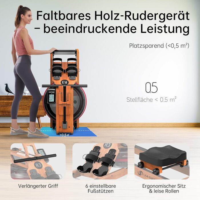 Складальний гребний тренажер R3 з дубового дерева, з Bluetooth LCD-дисплеєм, підтримкою Kinomap, баком для води 28л, ергономічним сидінням та тримачем для планшета, до 150 кг