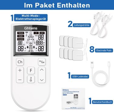 TENS пристрій для терапії болю, 5-в-1: TENS/EMS/IF/RUSS/DIY, для зняття болю, 80 програм масажу, 2 канали, 8 електродів, білий