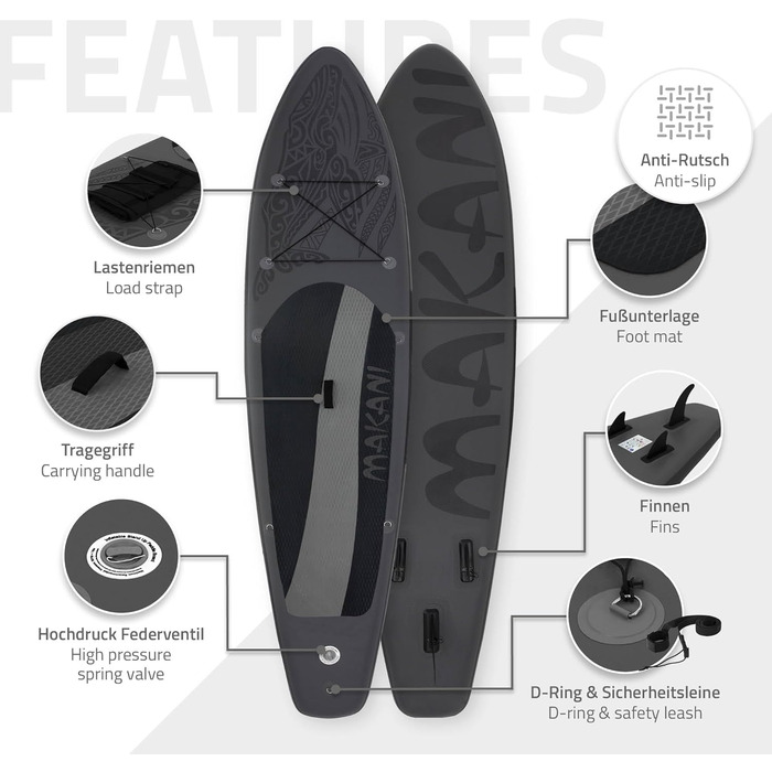 Надувний SUP дошка ECD Germany Makani - Stand Up Paddle Board (SUP) 305/320/380см, до 120/150кг, з сидінням для каяка, сумка в комплекті