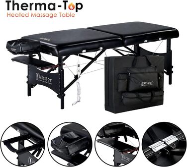 Складаний масажний стіл Master Massage Galaxy 76 см з підігрівом ThermaTop, дерев'яні ніжки, косметологічна кушетка, переносна, чорний, у комплекті сумка