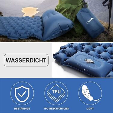 Надувний килимок для кемпінгу STURME з самонадуваванням та помпою, ультралегкий, для відпочинку на природі, 1 особа, блакитний