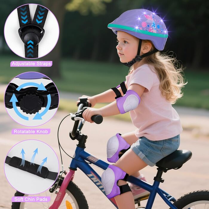 Дитячий шолом та захист для велосипеда/скейтборда, 3-8 років, дівчинка, LED-ліхтарики, регульовані наколінники та налокітники, комплект, фіолетовий, русалка