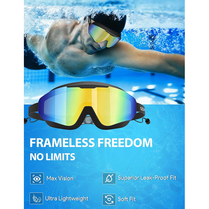 Окуляри для плавання unisex 2 шт. (дорослі, чоловічі, жіночі) Anti-Fog, Anti-UV, з берушами, велика рамка, регульований ніс - чорно-білі