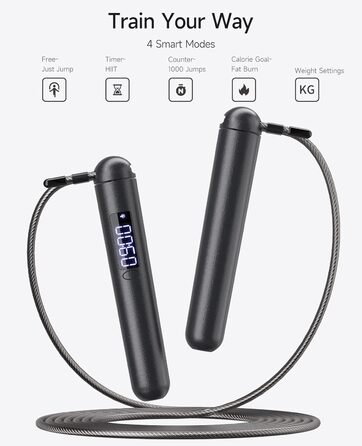 Розумна скакалка ACHDOFITS зі сталевим тросом та LED-дисплеєм для підрахунку калорій, стрибків та часу, регульована, чорна — для фітнесу та тренувань чоловіків і жінок