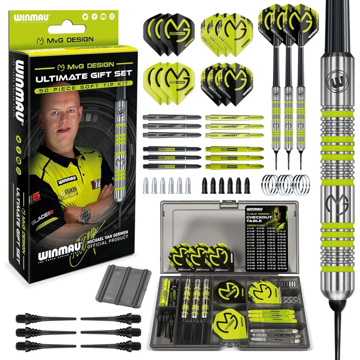 Подарунковий набір дартсу Winmau Michael Van Gerwen MvG, 50 елементів: 4 комплекти стрижнів, 4 комплекти оперень, аксесуари, Softip