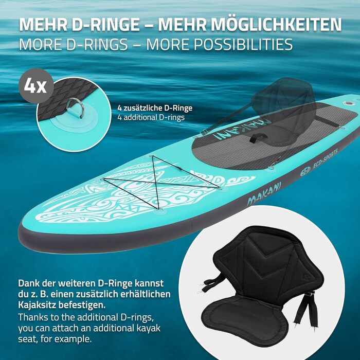 Надувна SUP-дошка ECD Germany Makani 305–380 см, PVC, до 150 кг, товщина 10/15 см, з сидінням для каяка, комплект сумка, весло, зелена