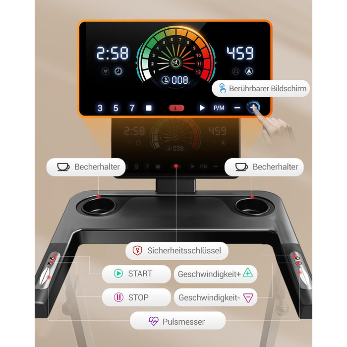 Бігова доріжка для дому LONTEK: складана, з нахилом 16%, швидкість до 14 км/год, мотор 3.5 к.с., пульсометр, LED-дисплей, макс. навантаження 180 кг, чорна