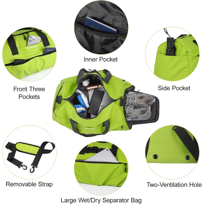 Спортивна сумка для жінок та чоловіків з твердим матеріалом, дорожня сумка з відділенням для взуття, з вентиляційними отворами та вологостійким відділенням, водонепроникна сумка-вікендер, спортивна сумка/сумка для плавання/сауни (Зелена)