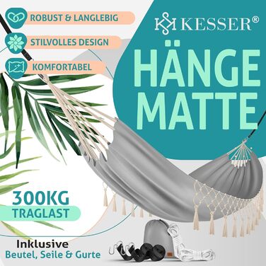 Гамак KESSER® 320x150 см, до 300 кг, сірий – для кемпінгу, саду та відпочинку на природі (з мішком, мотузками та ременями)