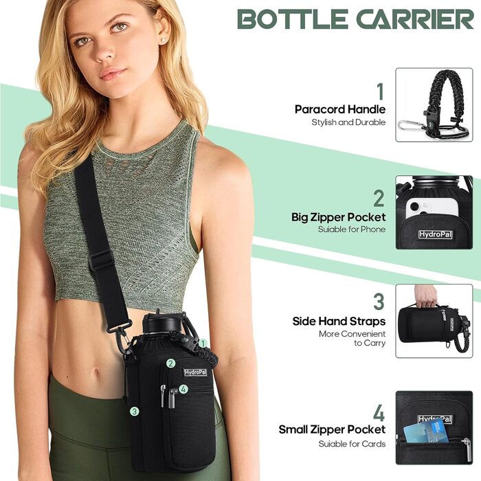 HydroPal Фляга з нержавіючої сталі - 750мл/1л/1.2л/1.9л, без BPA, для газованої води, ізольована з трубочкою та 2 кришками (білий/чорний, 1900мл)