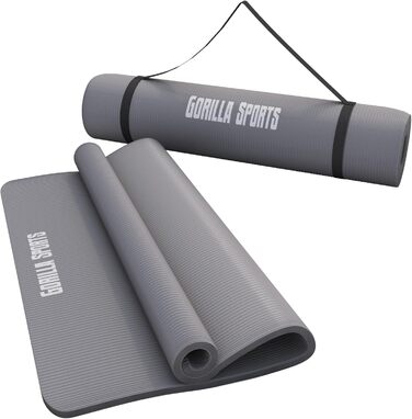 Фітнес-мат для йоги GORILLA SPORTS 190x60x1,5 см, сірий, нековзний, без фталатів, з ременем для перенесення