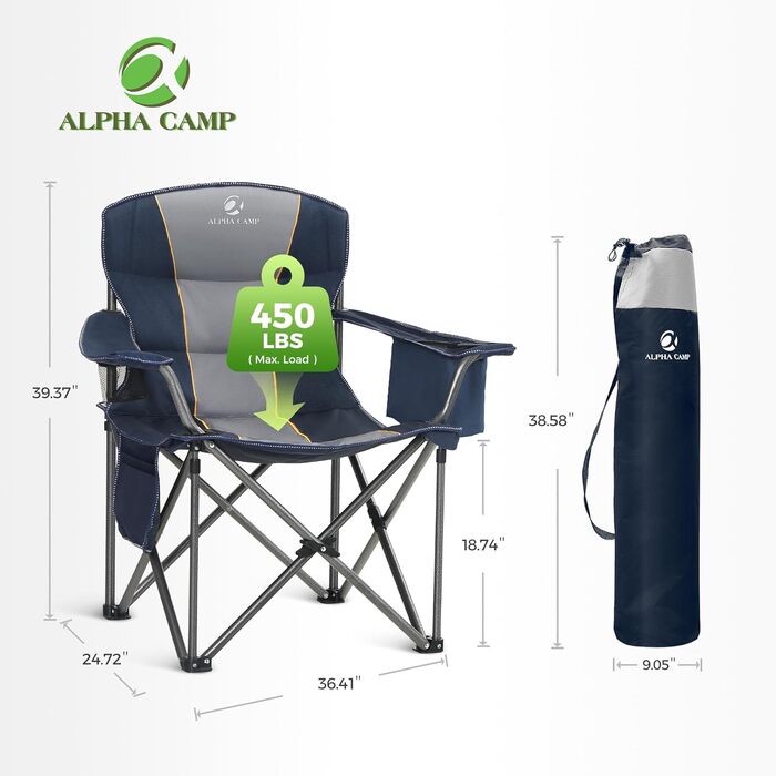 Великий кемпінговий розкладний стілець ALPHA CAMP з сумкою-холодильником, посилена сталева рама до 200 кг, м'яке сидіння, синій
