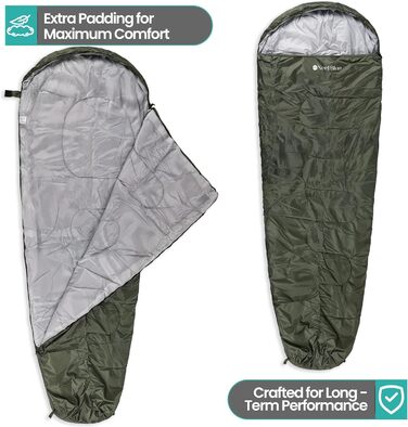 Спальний мішок Mumienschlafsack для дорослих - легкий, компактний, водонепроникний, з капюшоном, 220x85 см, теплий, придатний для прання, для кемпінгу, трекінгу, подорожей, зелений