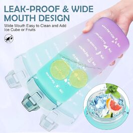 Спортивна пляшка для води MOMSIV 2L з трубочкою та відсіком для фруктів, з мітками часу, чорна, витіювання зелено-фіолетове